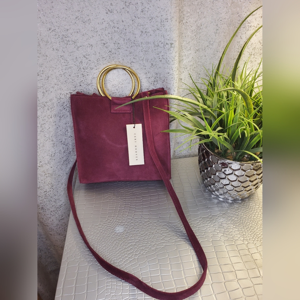 Ceri Hoover Simone Burgundy Suede Leather Ring Handle Crossbody
